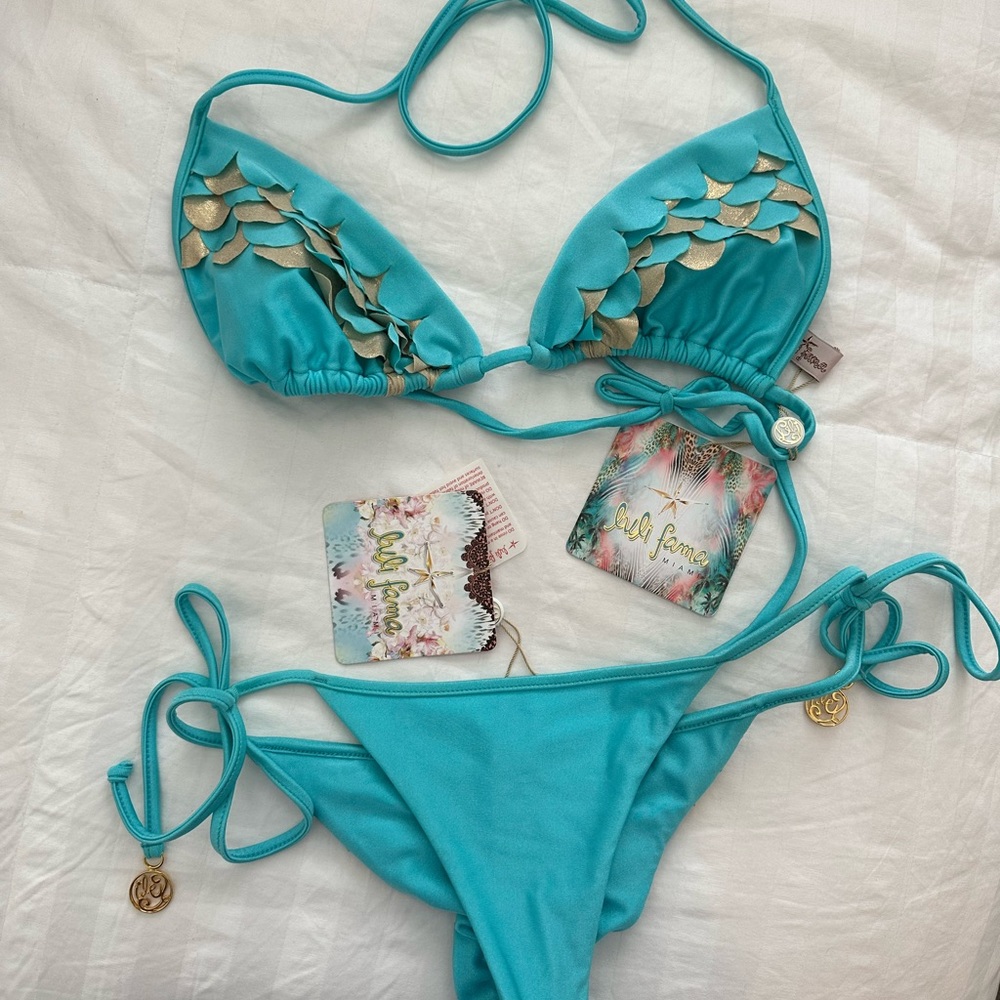 Luli Fama Brazilian Bikini Bottoms Soy Sirena Mermaid Aqua Gold Small S New NWT